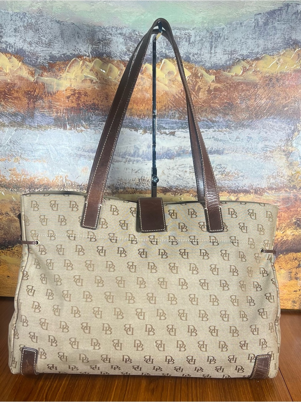 Dooney & Bourke Signature DB Monogram Canvas Brown Leather Large Tote Bag K79078